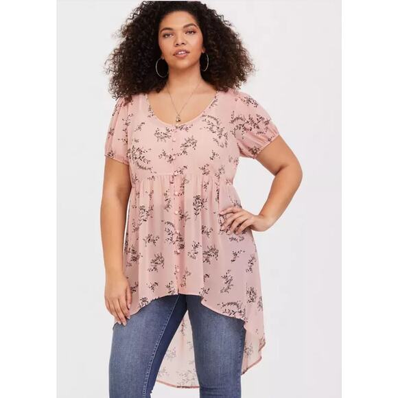 Torrid Pink Babydoll Chiffon Button Front Tunic Blouse High Low Size: 00X (10) - Picture 1 of 7